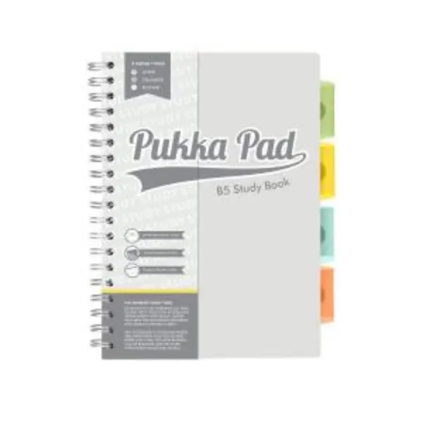 Image of Pukka Pukka Pads Study Book B5 181 x 257mm 4 Coloured Dividers 3 Paper Types Includes Revision Cards Grey (Pack1) - 9824-STU 9824-STU