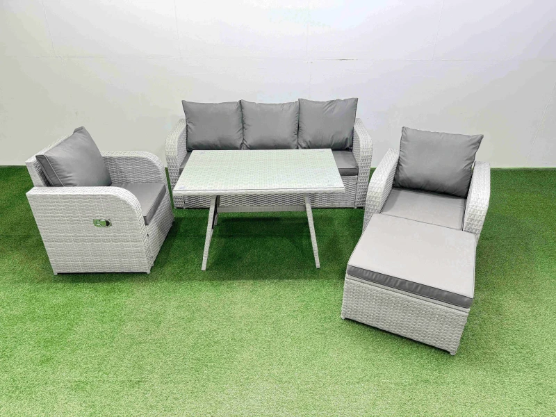 Image of Fimous Reclining Chair 3 Seat Sofa Set Garden Furniture Set with Footstool in Light Grey Light Grey Unisex