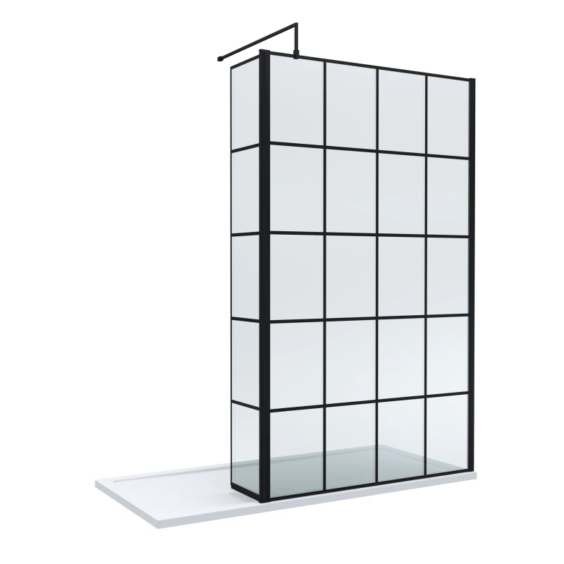 Image of Balterley 8mm Glass Wetroom Screen and Return Black Framed and Tray 1700 x 700mm Black
