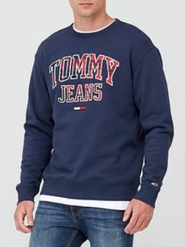 Image of Tommy Jeans TJM Plaid Tommy Graphic Crew Sweatshirt - Navy, Size S, Men
