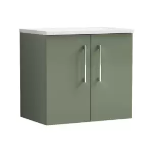 Image of Arno Satin Green 600mm Wall Hung 2 Door Vanity Unit with Sparkling White Laminate Worktop - ARN823LSW - Satin Green - Nuie