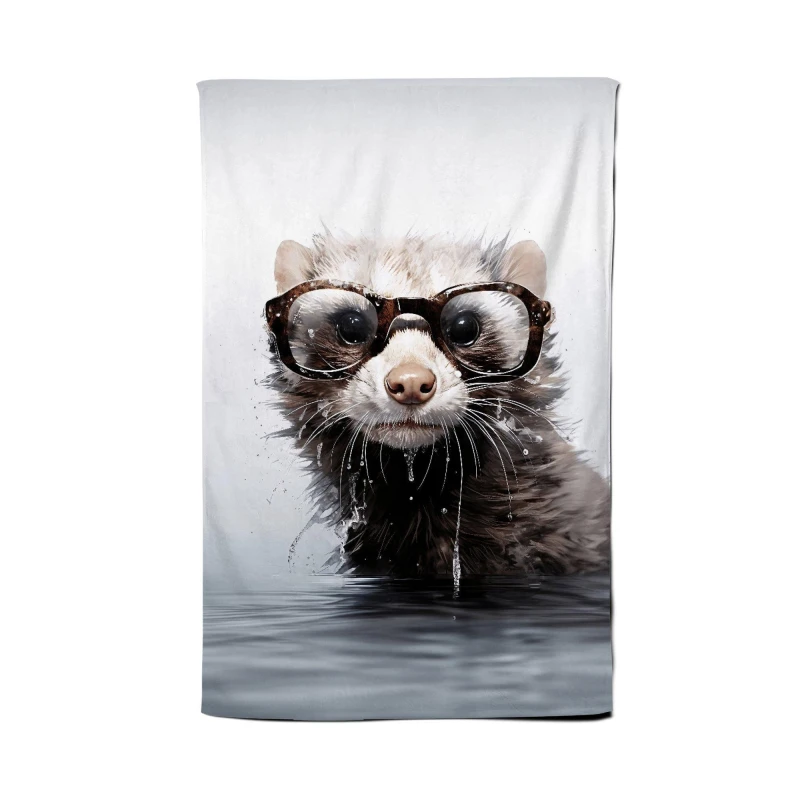 Image of Warren Reed - Designer Splashart Ferret With Glasses Tea Towel in Grey Grey Unisex