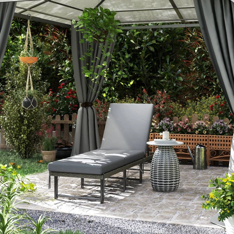 Image of OUTSUNNY Folding Rattan Sun Lounger with Adjustable Back, Cushion, Grey Grey Unisex