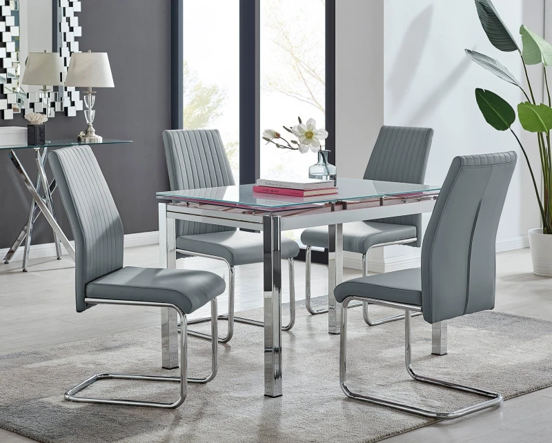 Image of FurnitureboxUK FurnitureboxUK Enna White Glass Extending 4-6 Seater Dining Table and 4 Lorenzo Faux Leather Chairs in Grey Grey One Size Unisex 505665