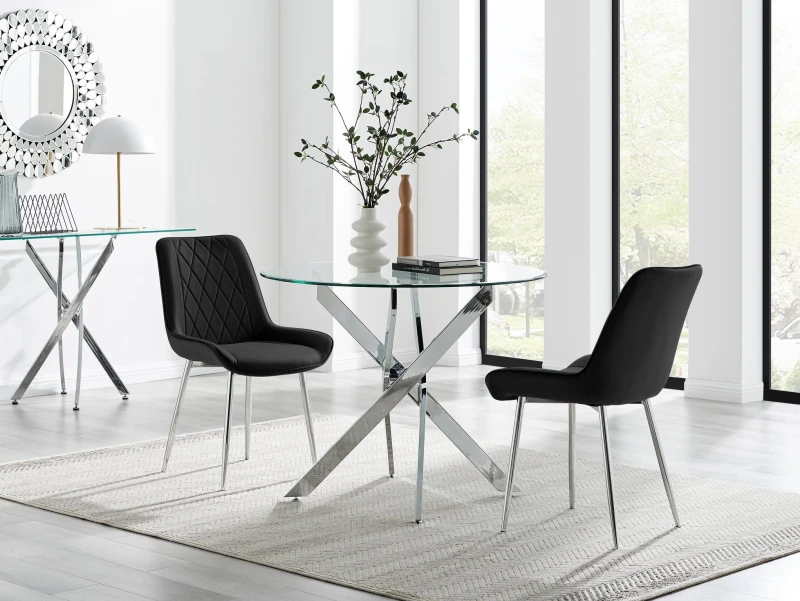 Image of FurnitureboxUK FurnitureboxUK Novara 100cm Round Dining Table and 2 Pesaro Silver Leg Chairs in Black One Size Unisex 5061064381080