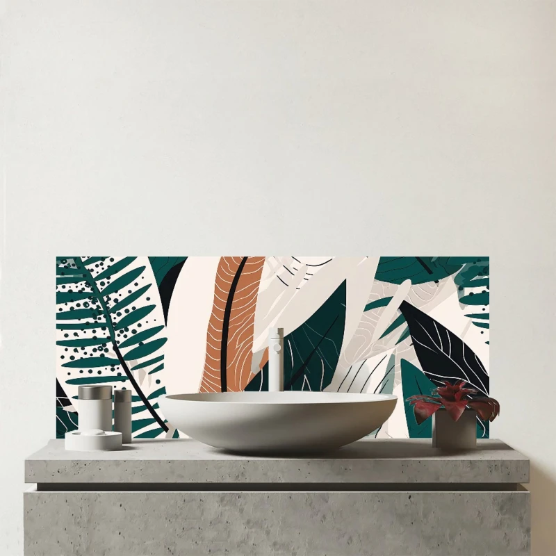 Image of Warren Reed - Designer Autumn Tropical Leaves Green Brown Glass Bathroom Splashback Green Unisex