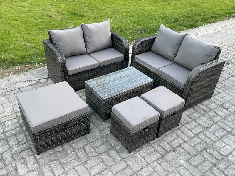 Image of Fimous 7 Seater Garden Furniture Set Rattan Outdoor Lounge Sofa Chair With Tempered Glass Table 3 Footstools Dark Grey Mixed Dark Grey