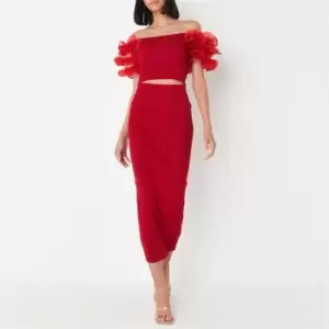 Image of Missguided Tall Organza Puff Sleeve Knit Top And Midi Skirt Co Ord Set - Red