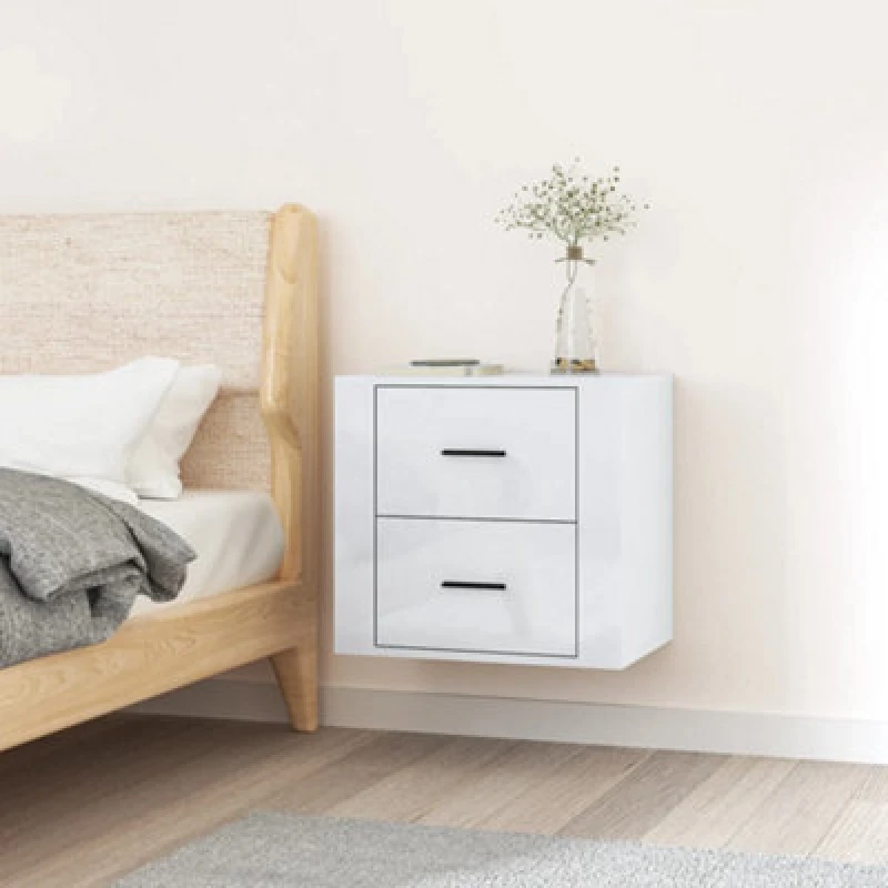 Image of Vidaxl Wall-mounted Bedside Cabinet High Gloss White 50X36X47 Cm, White 816858