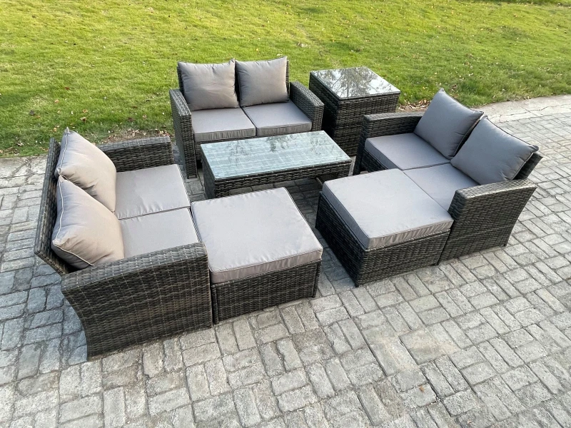 Image of Fimous Outdoor U Shape Sofa Set Wicker PE Rattan Garden Furniture Set with Coffee Table Double Seat Sofa 2 Big Footstool in Dark Grey Dark Grey Unisex
