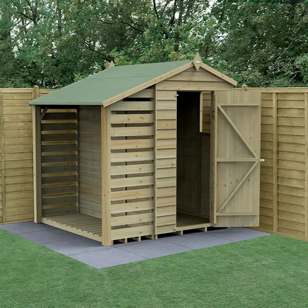 Image of 6' x 4' Forest 4Life 25yr Guarantee Overlap Pressure Treated Apex Wooden Shed with Lean To (1.88m x 2.01m)