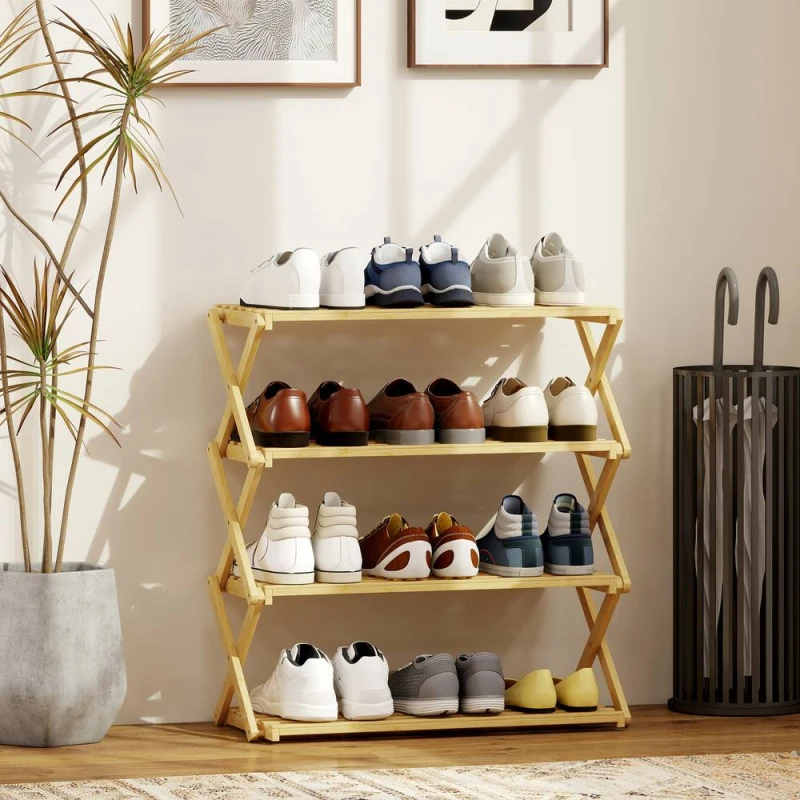 Image of HOMCOM 4-Tier Bamboo Shoe Rack, Folding Shoe Shelf, Holds up to 12 Pairs in Natural Natural Unisex