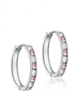 Image of The Love Silver Collection Sterling Silver Pink & White Cubic Zirconia Channel Set Hoop Earrings