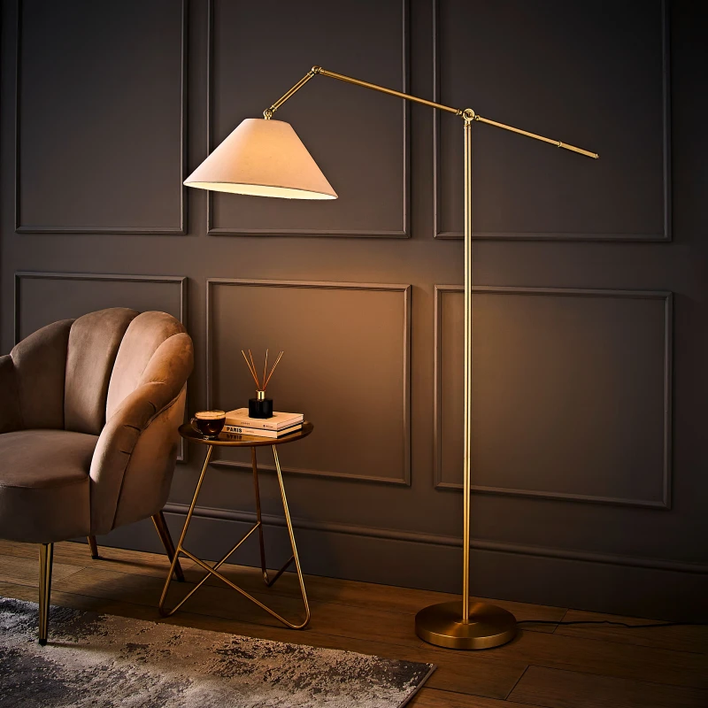 Image of ValueLights ValueLights Layla Adjustable Angled Floor Lamp with Tapered Linen Shade and Bulb in Gold Gold One Size Unisex 5059406070129