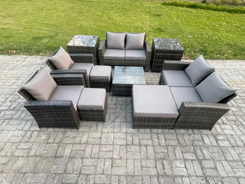 Image of Fimous Outdoor Garden Furniture Sets 10 Pieces Wicker Rattan Furniture Manual Wicker Patio Sofa Set with 3 Footstools in Dark Grey Dark Grey Unisex