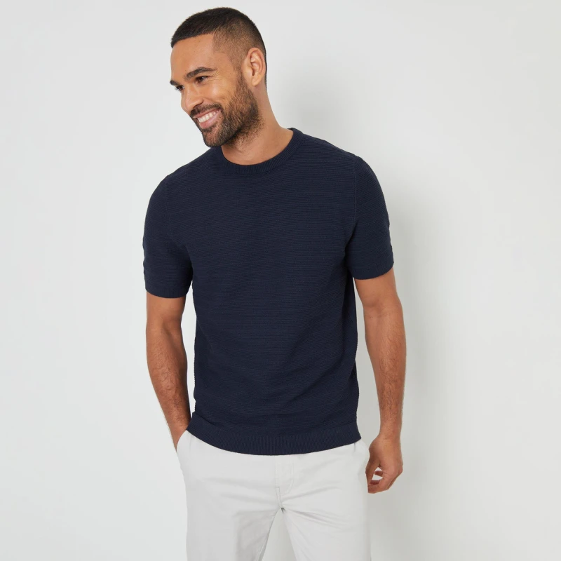 Image of Threadbare Textured Knitted T-Shirt Navy