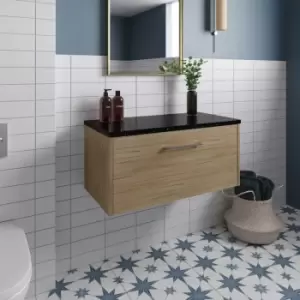 Image of Juno Wall Hung 1-Drawer Vanity Unit with Sparkling Black Worktop 800mm Wide - Autumn Oak - Hudson Reed