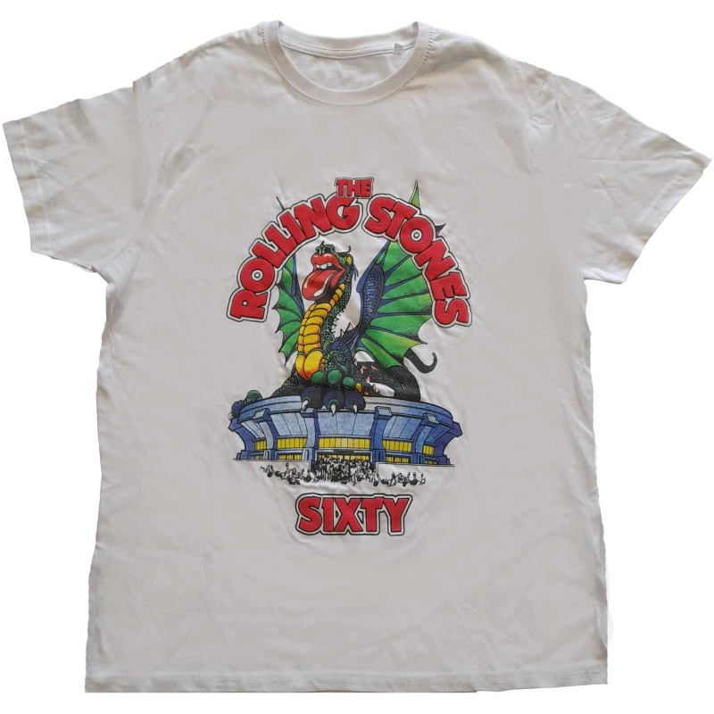Image of The Rolling Stones Mens Sixty Stadium Dragon Cotton T-Shirt in White Size: Large White Male L