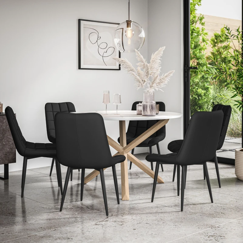 Image of More4Homes Malvern Round Dining Table And Chairs - Marble Table Top W Solid Oak Legs + Nova Faux Leather Dining Chair Set Of 6 (Black)