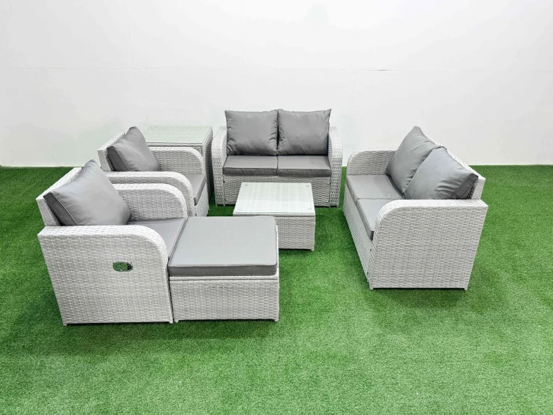 Image of Fimous 7 Seater Outdoor Reclining Chair Love Sofa Set Rattan Garden Furniture Set with Square Coffee Table Footstool Side Table Light Grey Light Grey