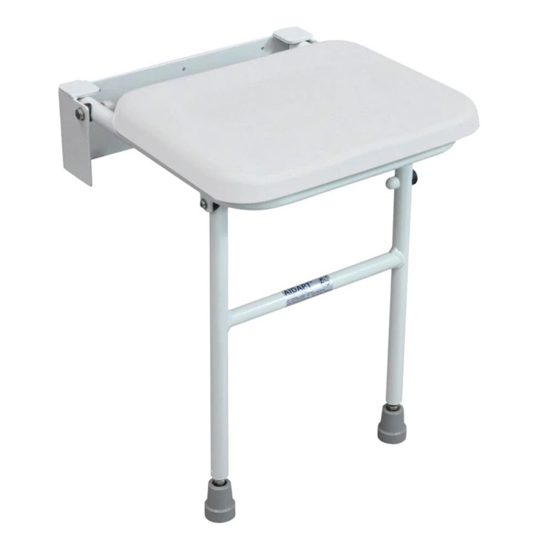 Image of Loops Compact Folding Shower Seat with Support Legs - White Padded Seat - Wall Mounted White