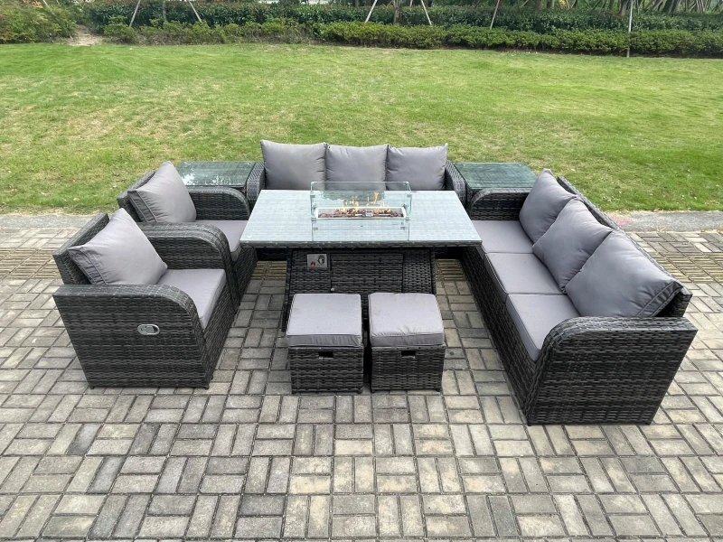 Image of Fimous Wicker Rattan Garden Furniture Set Gas Fire Pit Dining Table Indoor Outdoor with 2 Side Tables Chair Loveseat Sofa Footstool Dark Grey