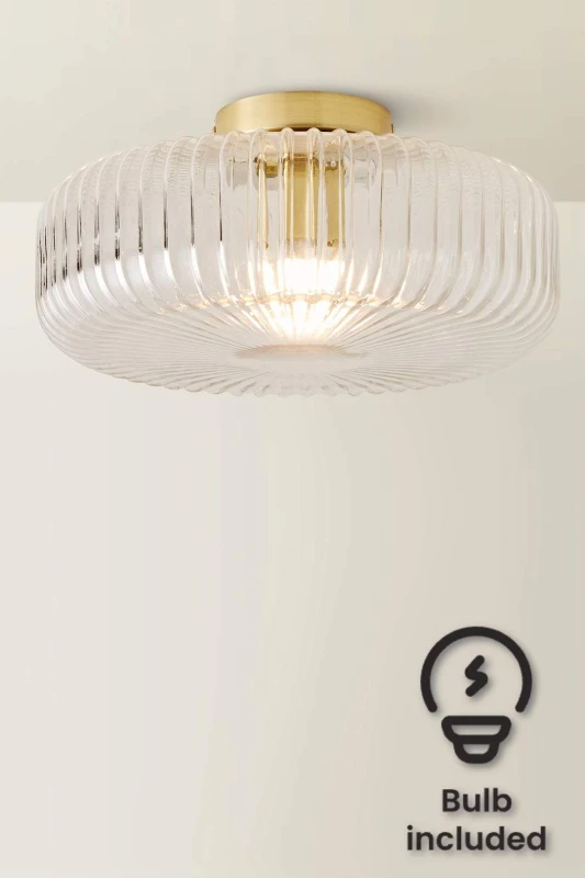 Image of ValueLights ValueLights Calpe Large Ribbed Glass Shallow Flush Ceiling Light with LED Bulb in Gold Gold One Size Unisex 5059406071324