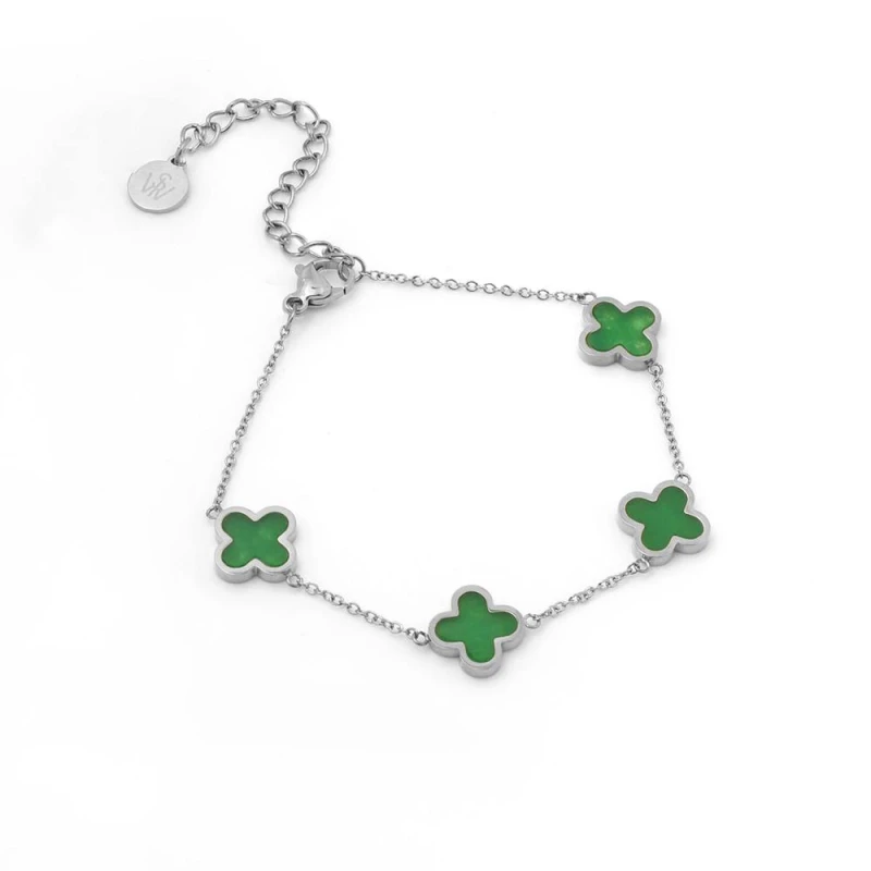 Image of Say It With Green Crystal Clover Bracelet - Silver Size: 7.5 inches Silver Unisex 7.5 inches