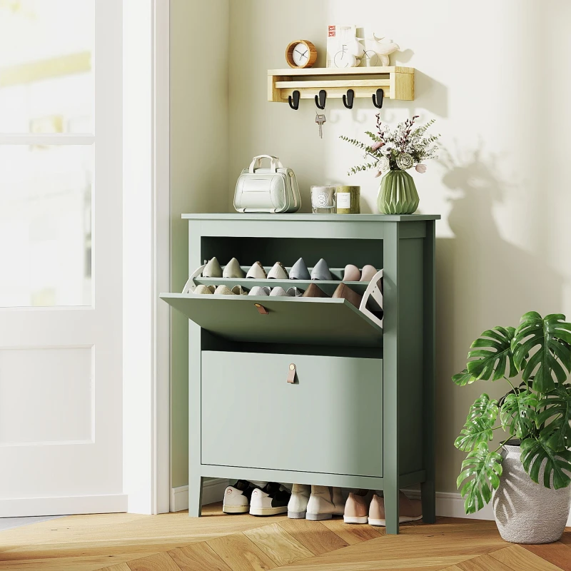 Image of HOMCOM HOMCOM Narrow Shoe Cabinet with 2 Flip Doors, Removable and Adjustable Shelves in Green Size: Small Green Small Unisex 5063603990883