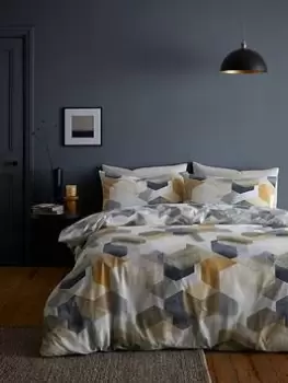 Image of Bianca Fine Linens Hexagon Geometric 100% Cotton Reversible Duvet Cover Set - Grey/Ochre