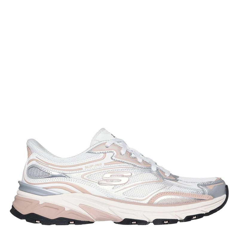 Image of Skechers Metallic Overlay Mesh Lace-Up Slip- Runners Womens White/Pink female 6 (39)
