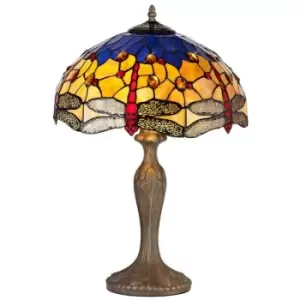 Image of Luminosa Lighting - 2 Light Curved Table Lamp E27 With 40cm Tiffany Shade, Blue, Orange, Crystal, Aged Antique Brass