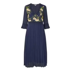Image of Yumi Navy Embroidered Floral Pleated Dress - Blue