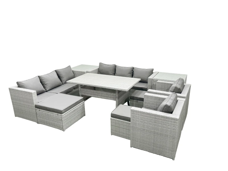Image of Fimous Rattan Garden Furniture Set Outdoor 8 Seater Patio Dinin g Sofa Sets with Dining Table 2 Chairs 2 Side Tables 3 Footstools Light Grey Mixed Lig