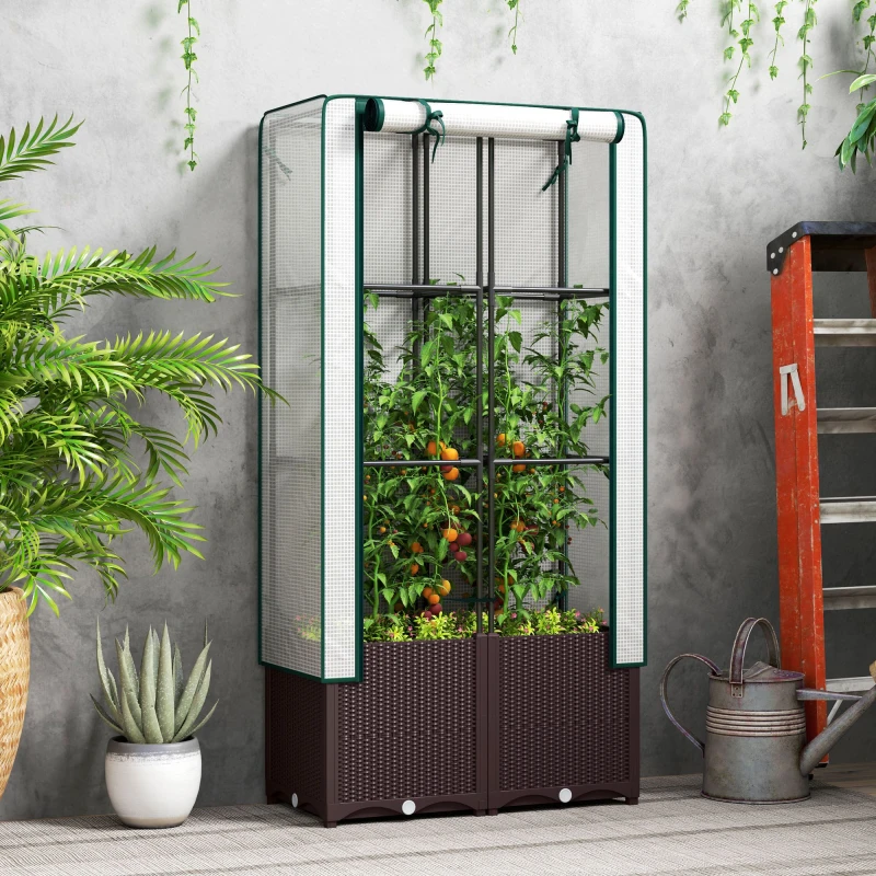 Image of Outsunny Outsunny Plastic Vegetable Planter with Trellis, 80 x 40 x 140cm Brown