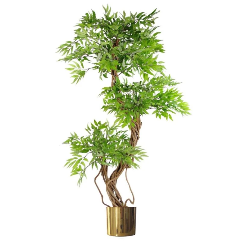 Image of Leaf Design 140cm Realistic Artificial Japanese Fruticosa Tree Ficus Tree Gold Metal Brushed Brass Planter