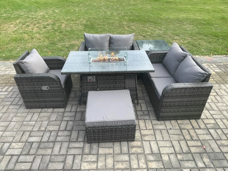 Image of Fimous Rattan Garden Furniture Set with Gas Fire Pit Dining Table,Big Footstool and Side Table Indoor Outdoor 6 piece Love Sofa set Dark Grey