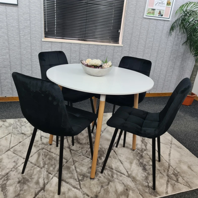 Image of KOSY KOALA Dining Table and 4 Chairs White Round Wood Table 4 Black Velvet Chairs Dining Room Furniture White