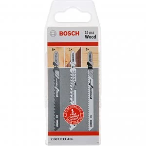 Image of Bosch 15 Piece Assorted Wood Jigsaw Blades Set + FOC Carbide Blade