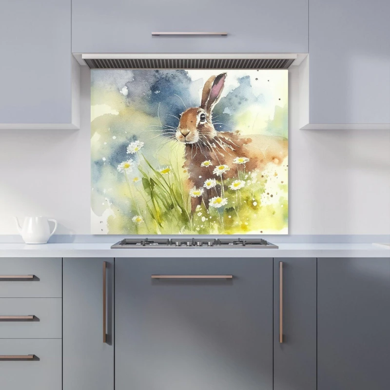 Image of Warren Reed - Designer Hare & Daisies Watercolour Kitchen Splashback in Brown Size: 700mm x 750mm Brown Unisex 700mm x 750mm