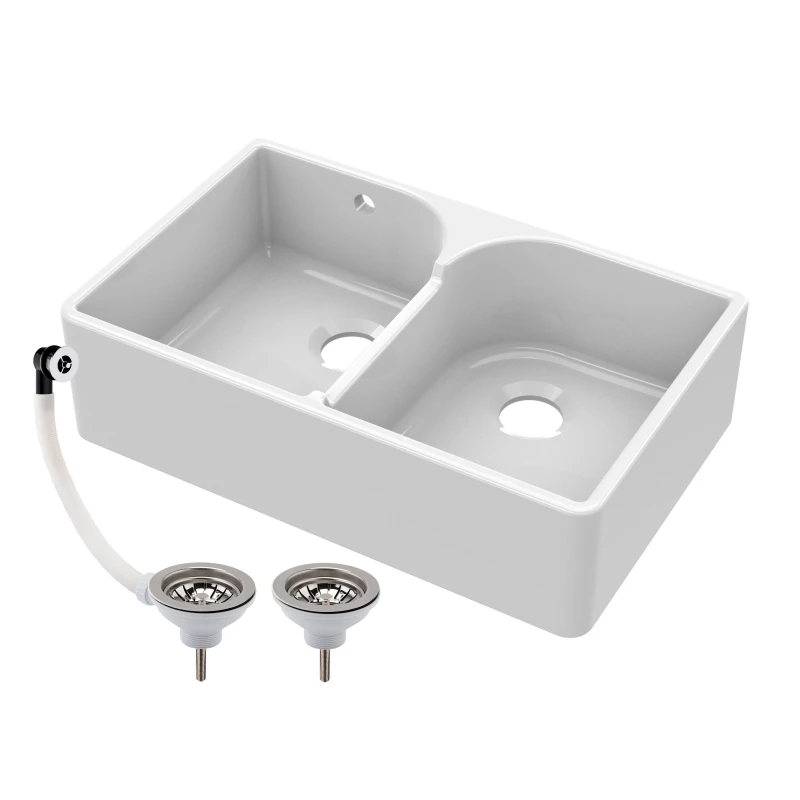 Image of Balterley 2 Bowl Fireclay Butler Sink Stepped Weir Wastes 795x500x220mm White unisex