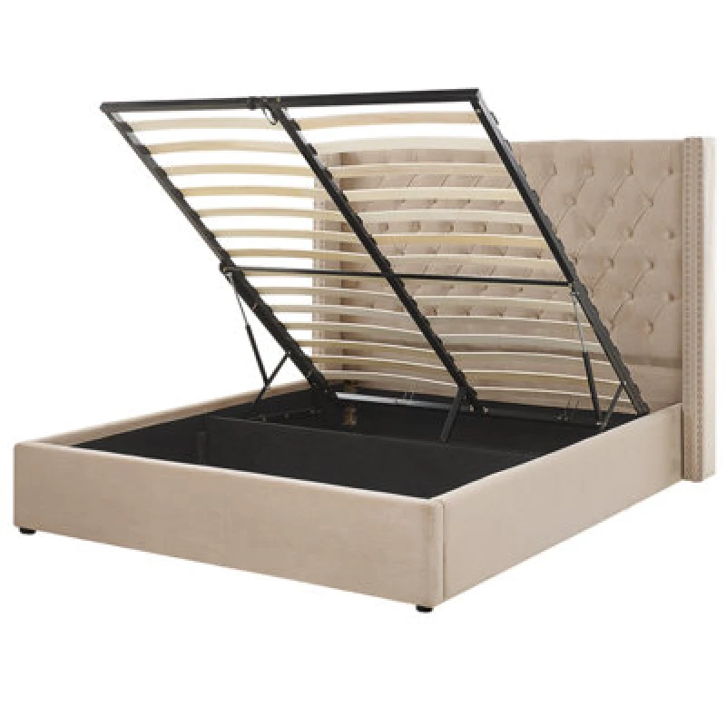 Image of Beliani Ottoman Bed Velvet Lubbon 160 X 200 Cm (Eu King Size) Beige