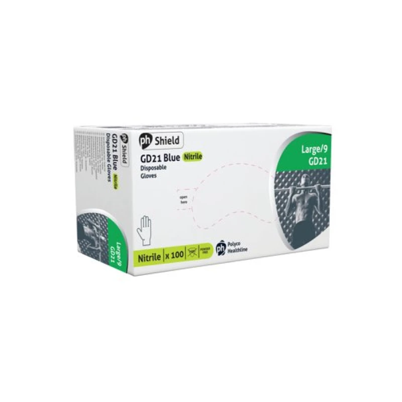 Image of Shield Powder Free Nitrile Micro Textured Disposable Gloves Blue L (100 Pack) GD21 LARGE