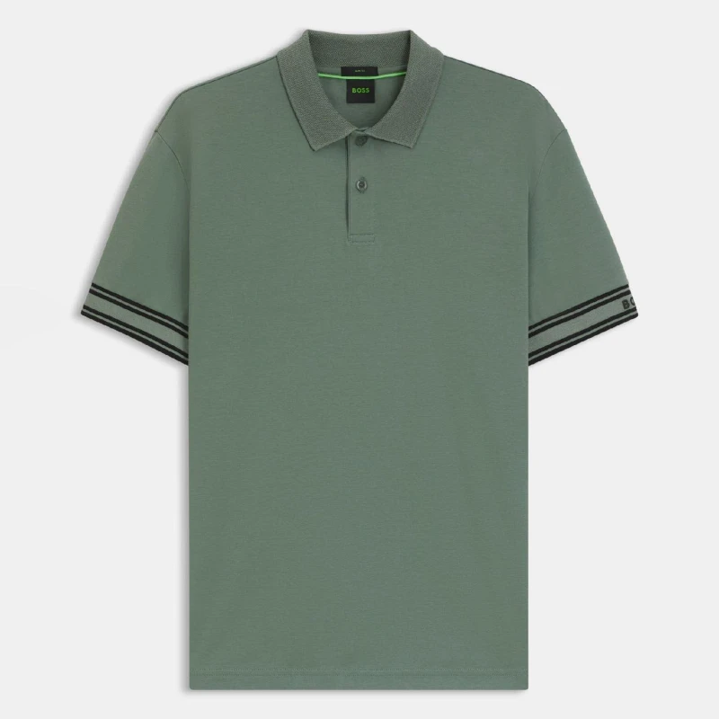 Image of Boss Zone Stripe Cuff Polo Shirt Green male S