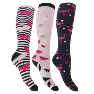 Image of Womens/Ladies Hyperwarm Long Welly Socks (3 Pairs) (4-7 UK 39-42 EU) (Flamingo/Butterfly/Butterflies)