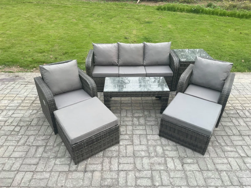 Image of Fimous Rattan Garden Furniture Set with Rectangular Coffee Table Side Table 2 Big Footstool 7 Seater Patio Outdoor Lounge Sofa Set Dark Grey