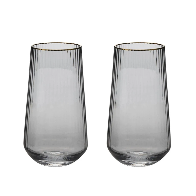 Image of Hestia Set of 2 Grey Hi Ball Glasses with Gold Rim Clear