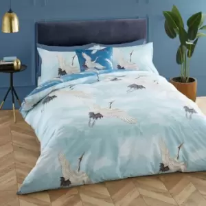 Image of Cranes Reversible Easy Care Duvet Cover Set, Duck Egg, King - Catherine Lansfield