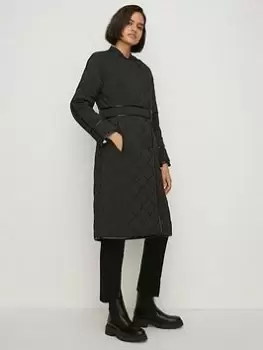 Image of Oasis Quilted Longline Belted Coat - Black, Size 10, Women