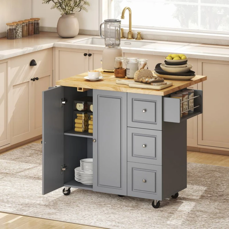Image of HOMCOM Rolling Kitchen Island, Kitchen Storage Trolley w/ Drop Leaf, Drawers in Grey Size: Large Grey Unisex Large